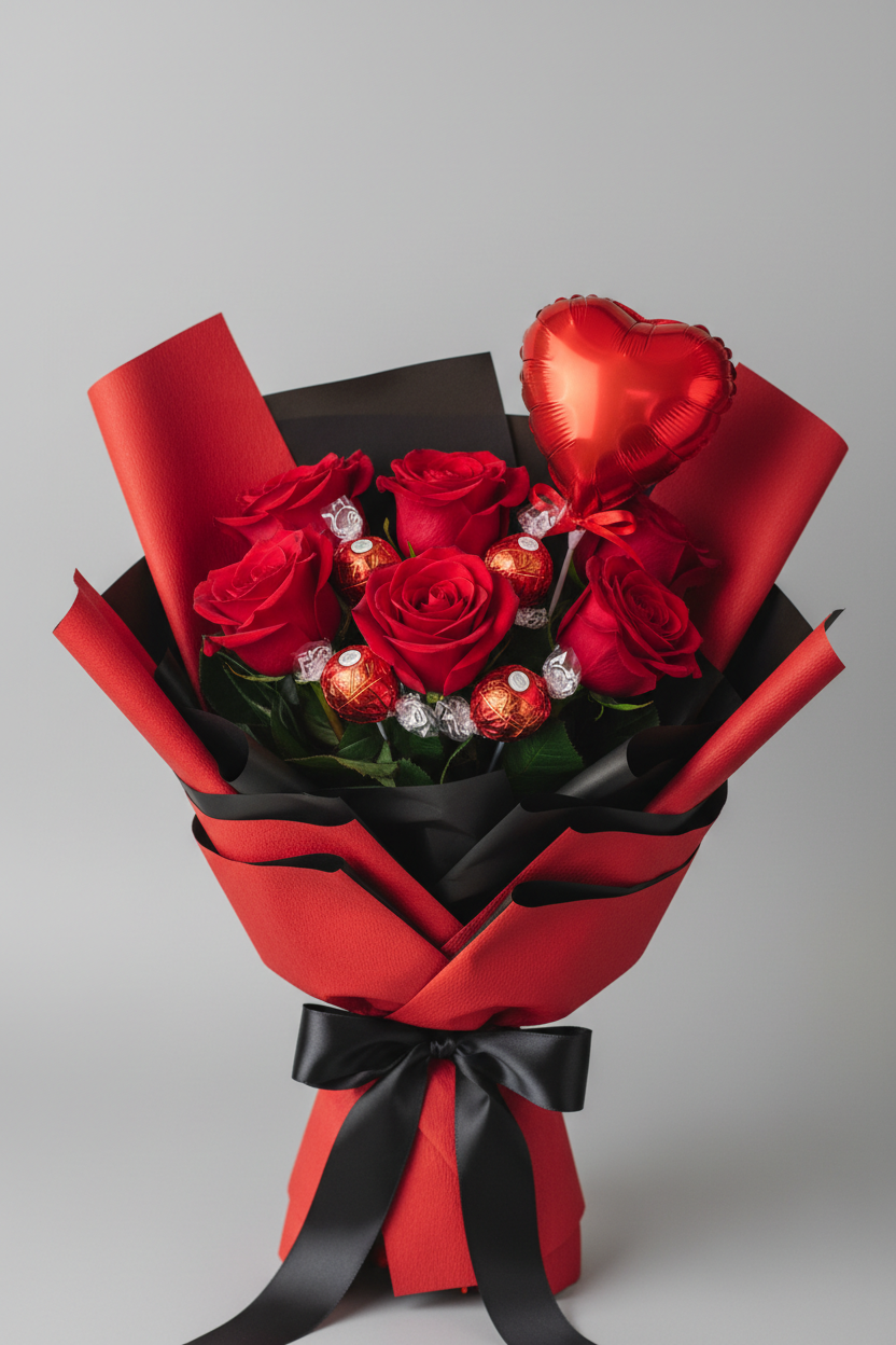 6 red rose bouquet with red Lindt chocolates and red heart balloon, no berries