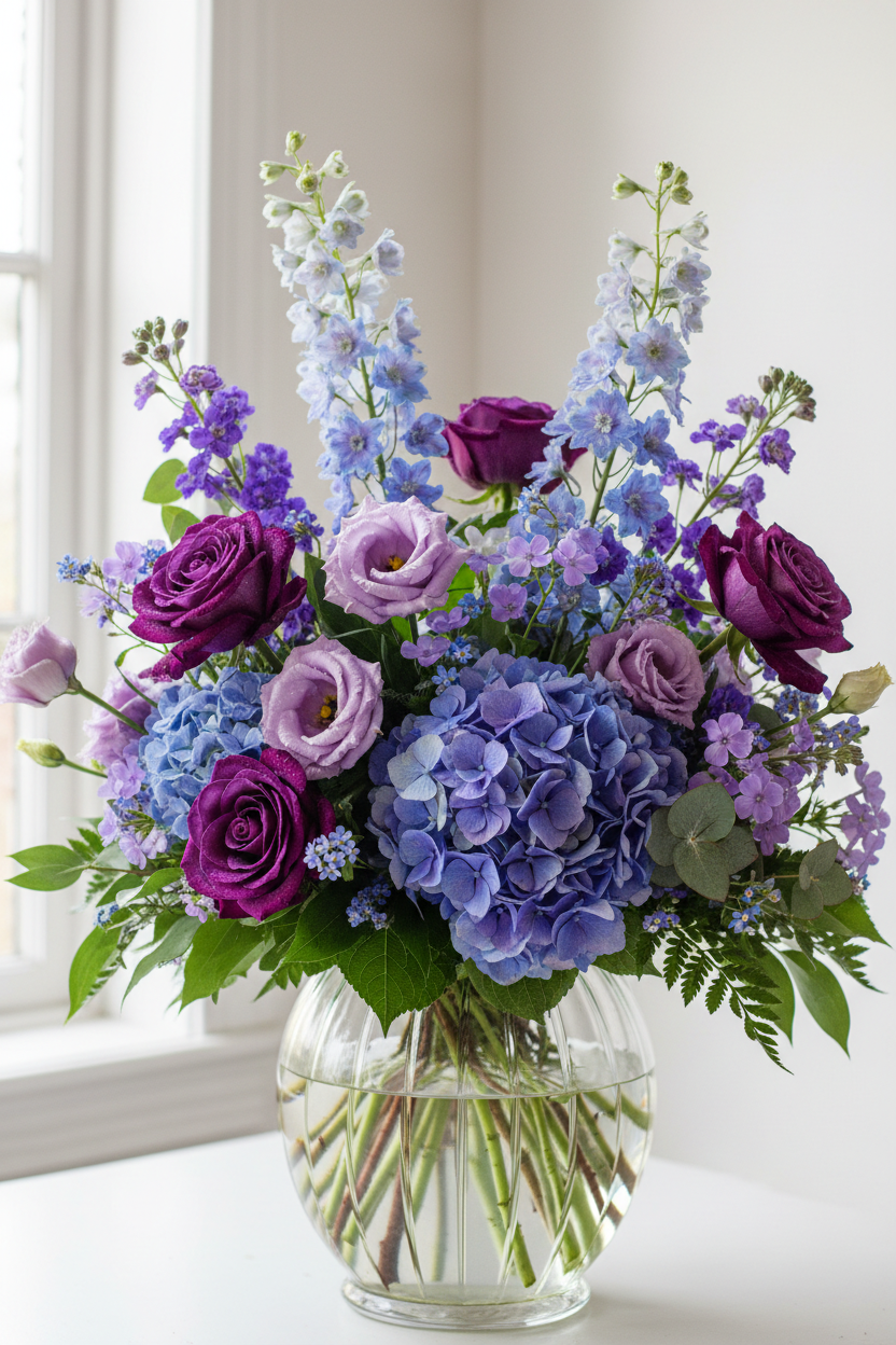 Mixed arrangement in purples and blues in clear vase
