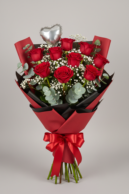 12 red roses with gypsophila and eucalyptus in red and black wrapping with silver heart balloon
