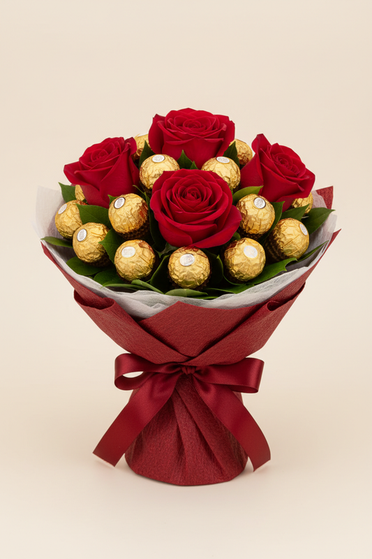 5 red roses with Ferrero Rocher chocolates in red and white wrapping