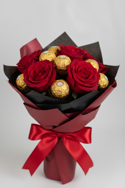 5 red roses with Ferrero Rocher chocolates mixed throughout in red and black wrapping