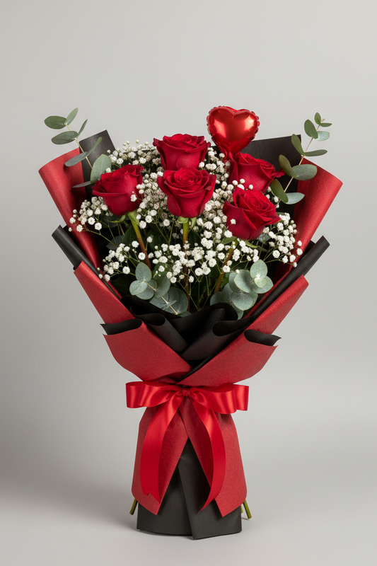 6 red roses with gypsophila and eucalyptus in red and black wrapping with red heart balloon