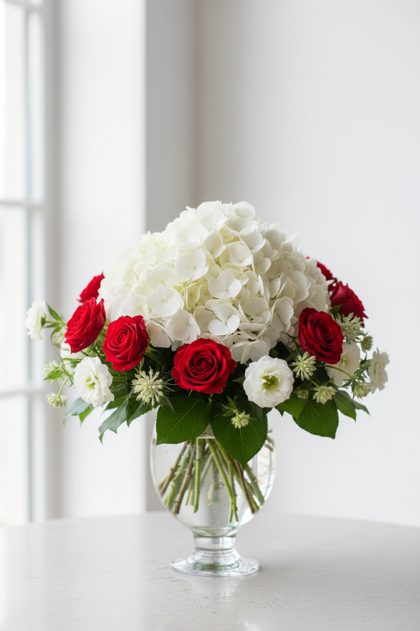 Arrangement with one white hydrangea, fewer red spray roses and astrantia