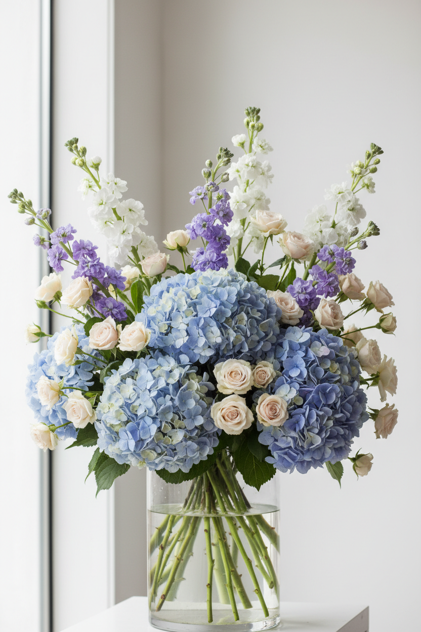 Clear vased arrangement with blue hydrangea, spray roses and stocks