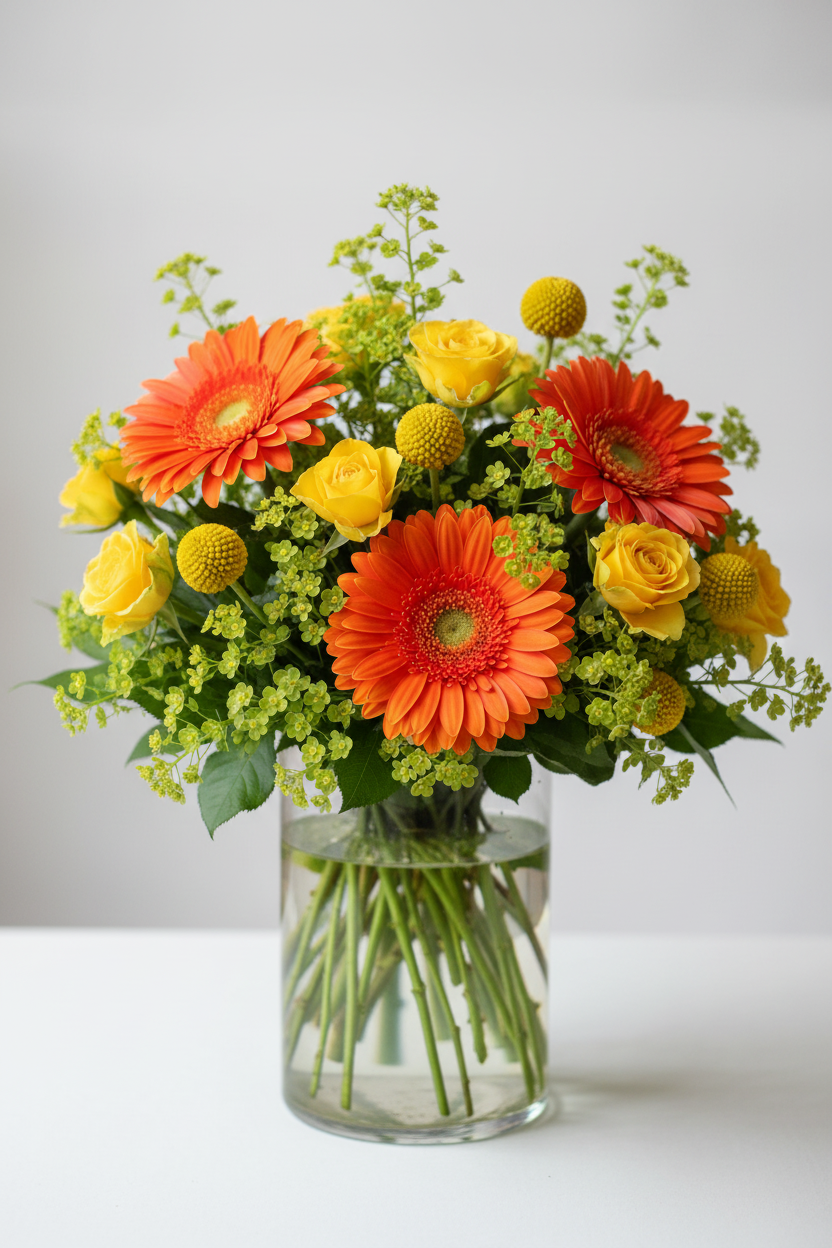 Clear vased arrangement with orange gerbera, yellow spray roses, craspedia and integrated thlaspi green bell