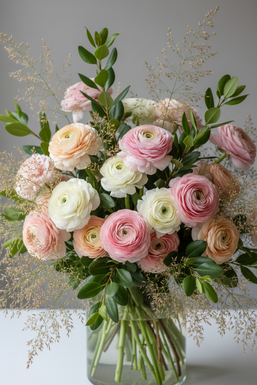 Clear vased arrangement with ranunculus, pittosporum and panicum fountain grass