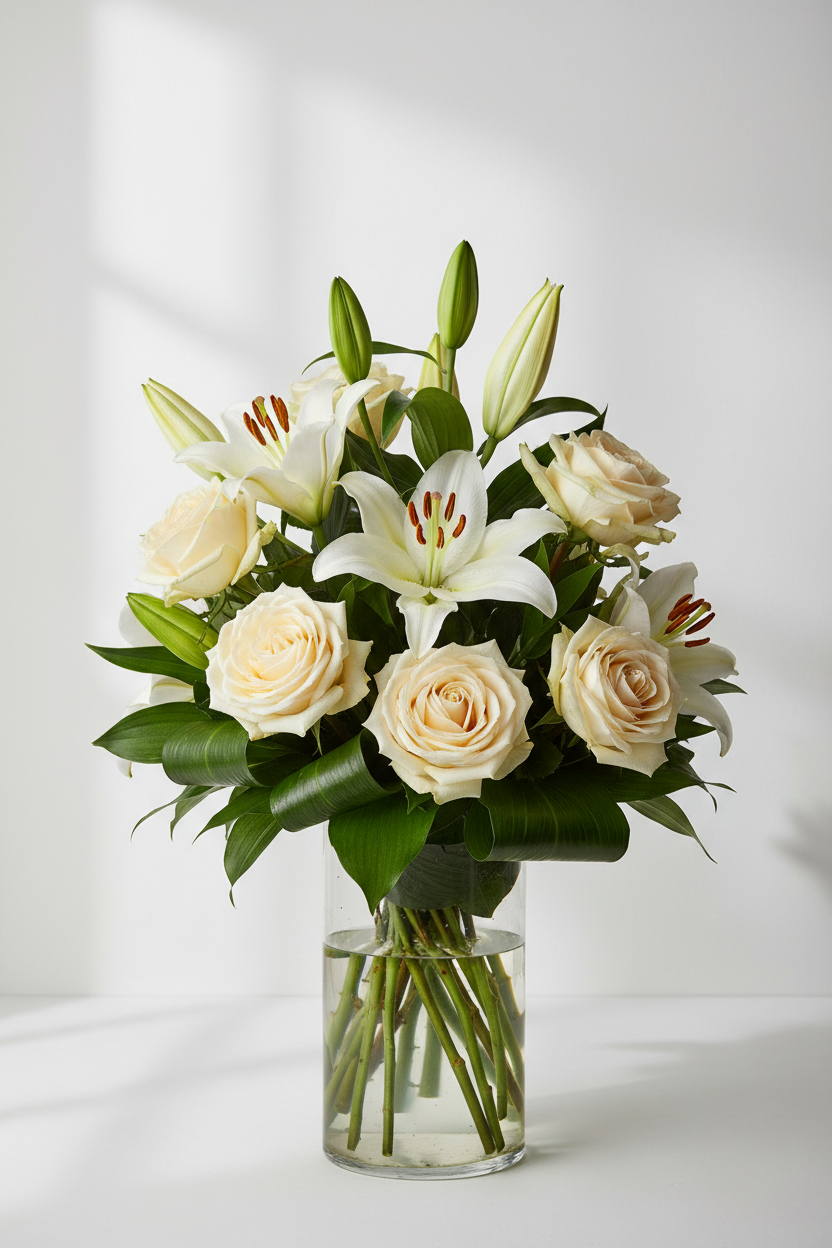 Clear vased arrangement with roses, lilies and hard ruscus