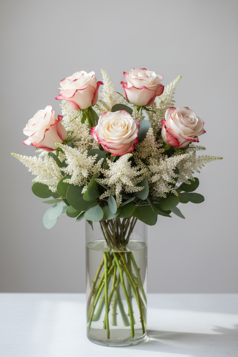 Floral arrangement with 6 Ducati roses, eucalyptus and integrated white astilbe in clear vase