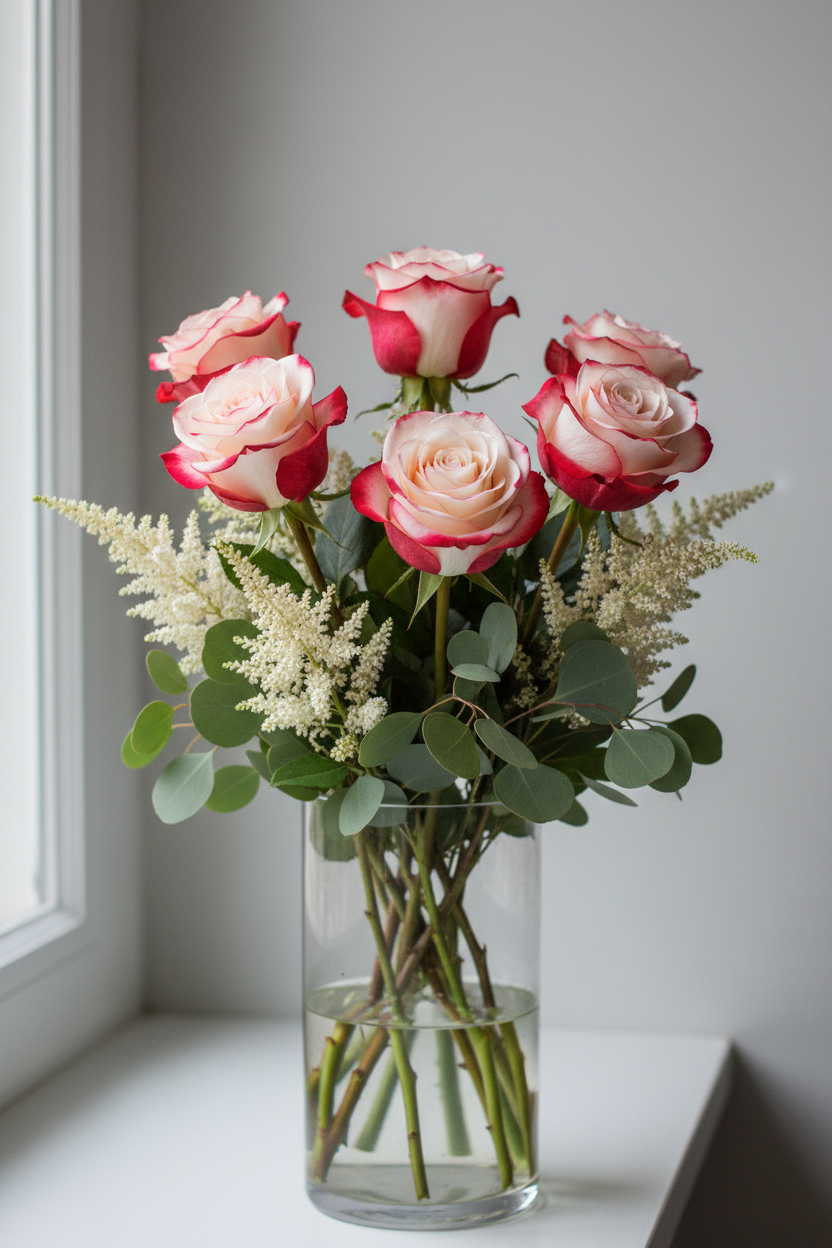 Floral arrangement with 6 Ducati roses, eucalyptus and white astilbe in clear vase