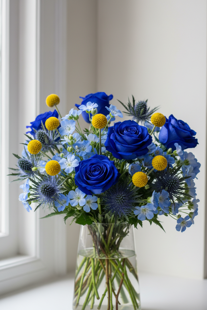 Floral arrangement with craspedia, oxypetalum coeruleum, eryngium and darker blue roses in tapered vase