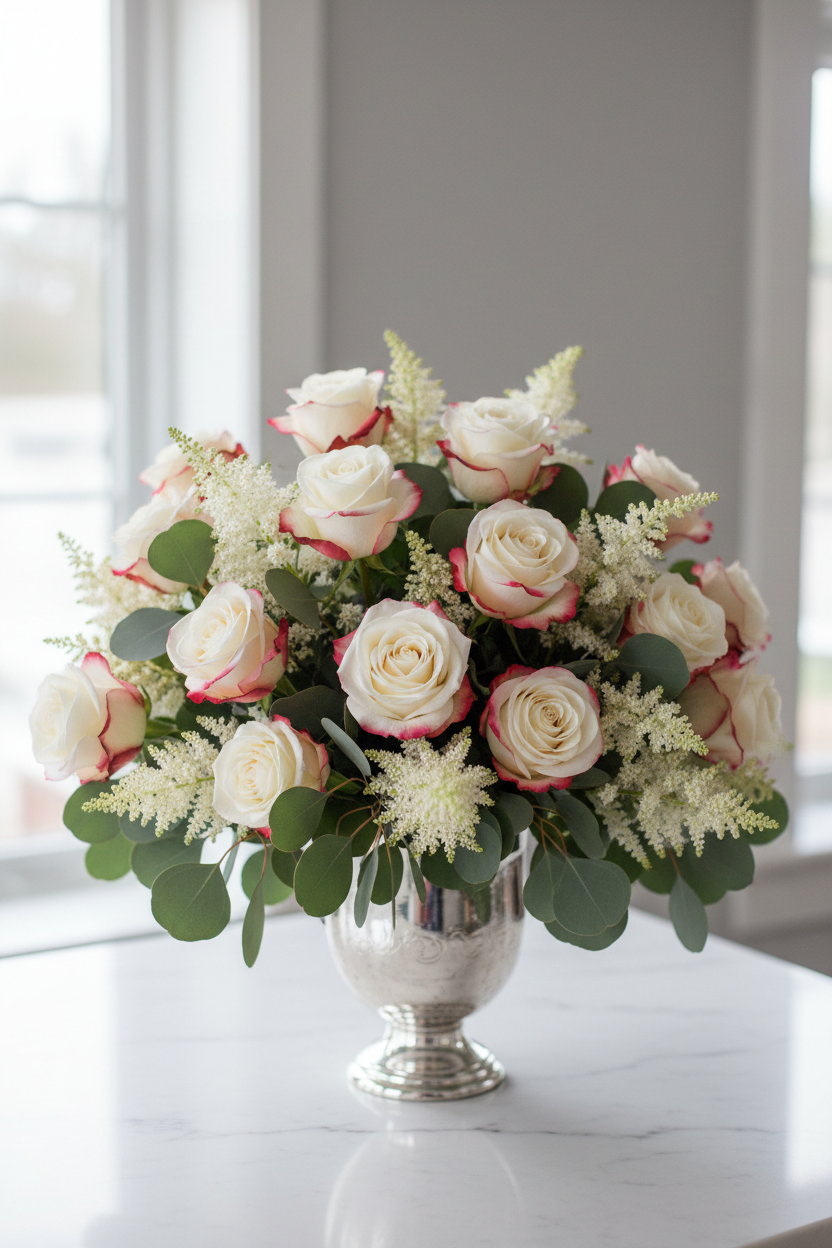 Floral arrangement with Ducati roses, eucalyptus and white astilbe