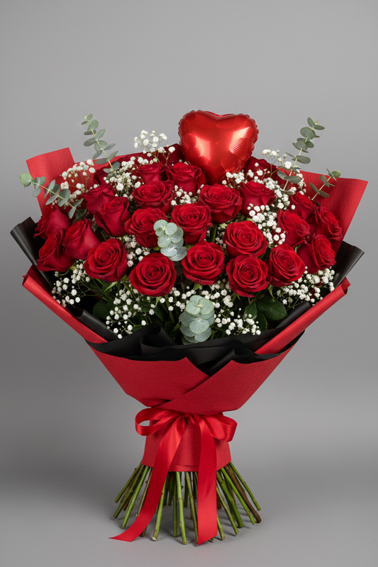 Large red rose bouquet with gypsophila and eucalyptus in red and black wrapping with red heart balloon