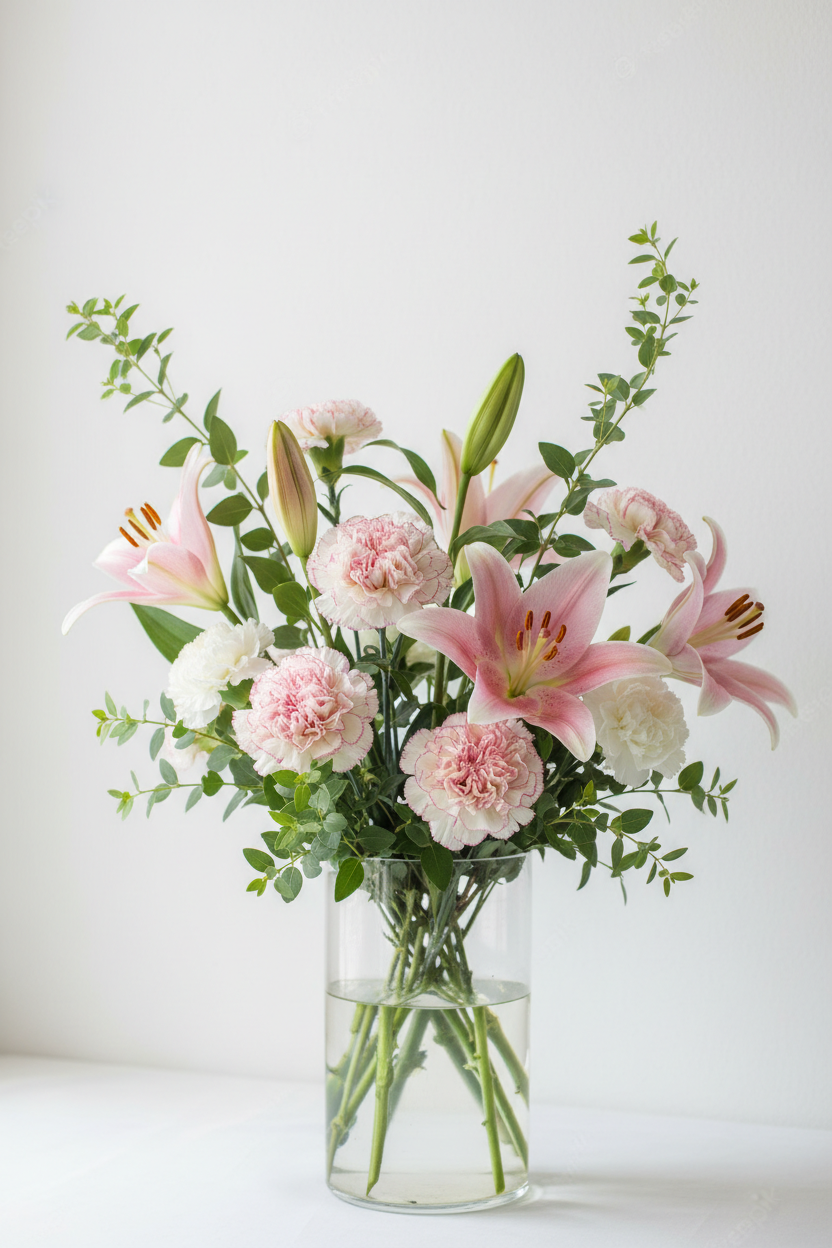 Light vased floral arrangement with pink lilies, white and pink double carnations and soft ruscus in clear vase