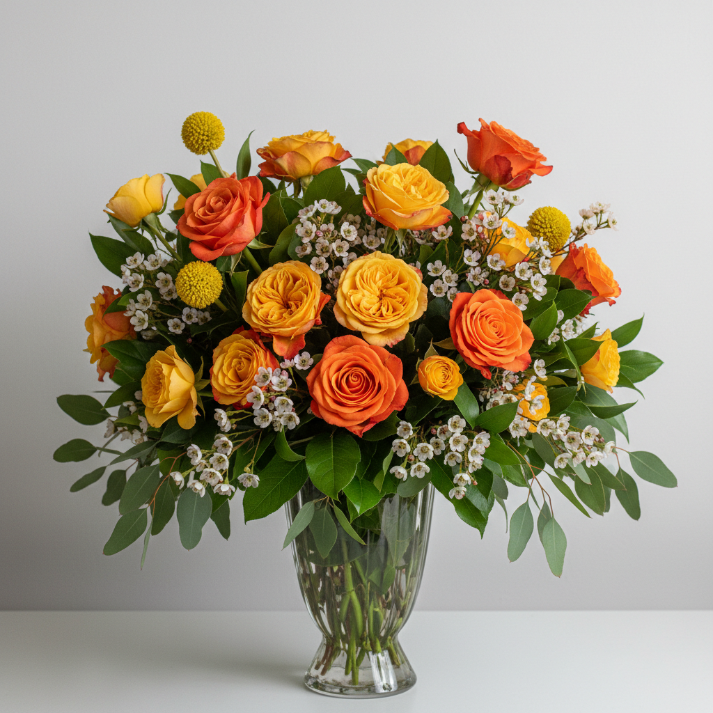 Luxury orange and yellow vase arrangement with wax flower