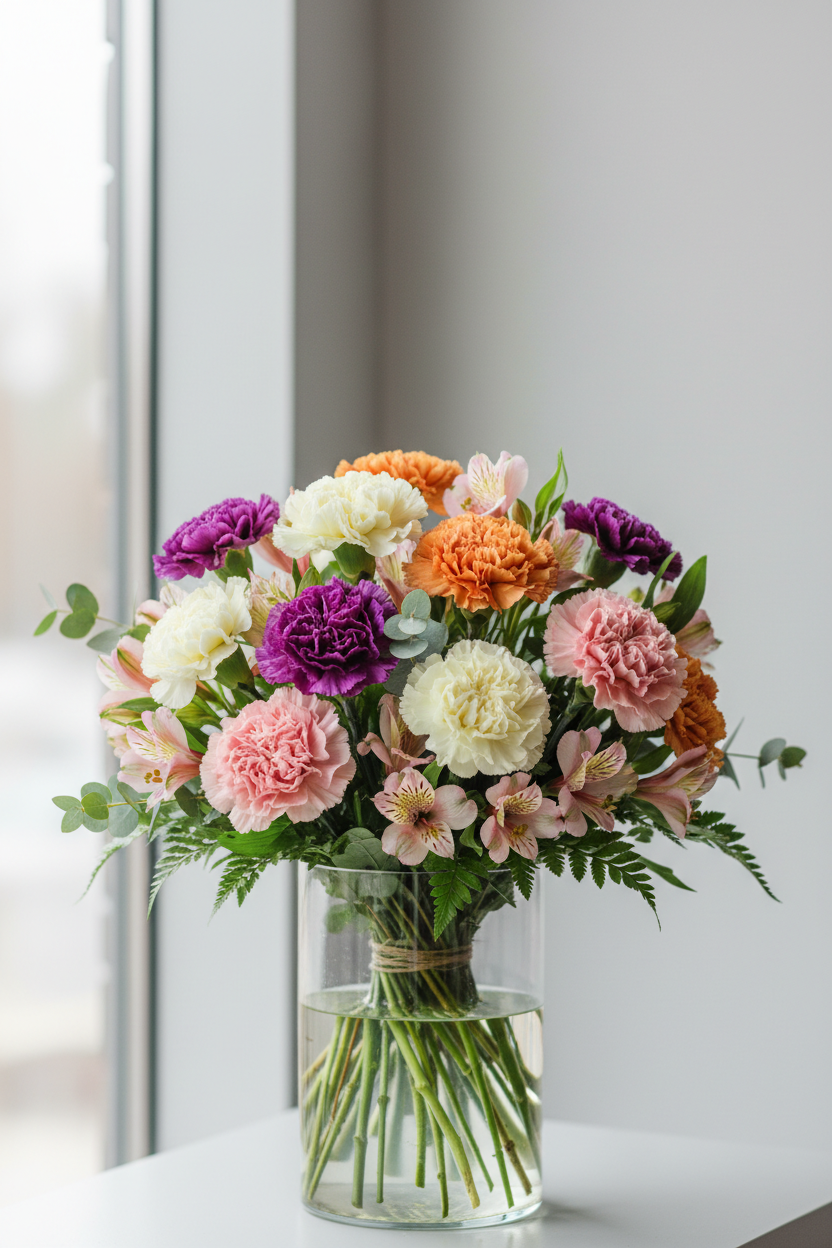 Moderately-sized clear vased arrangement with carnations and alstroemeria