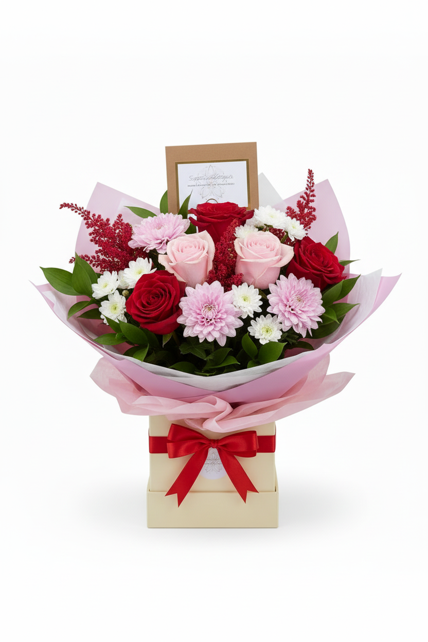 Mother's Day bouquet in cream gift box with pink tissue and red ribbon