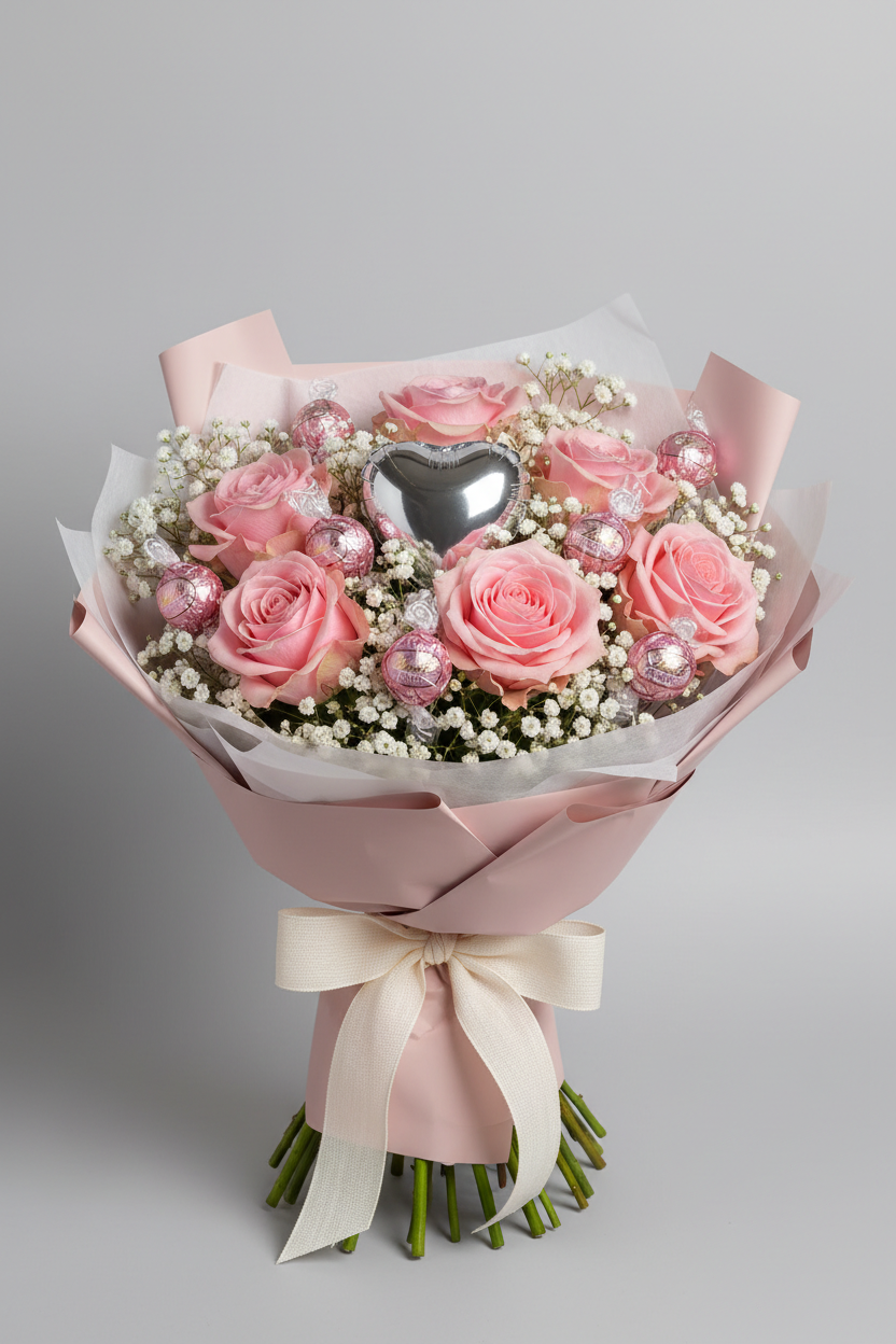 Pink rose bouquet with gypsophila, pink Lindt chocolates and silver heart balloon