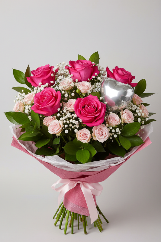 Pink roses and spray roses with gypsophila in pink and white wrapping with silver heart balloon