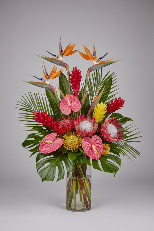 Premium tropical bouquet with contrasting colors and varying heights