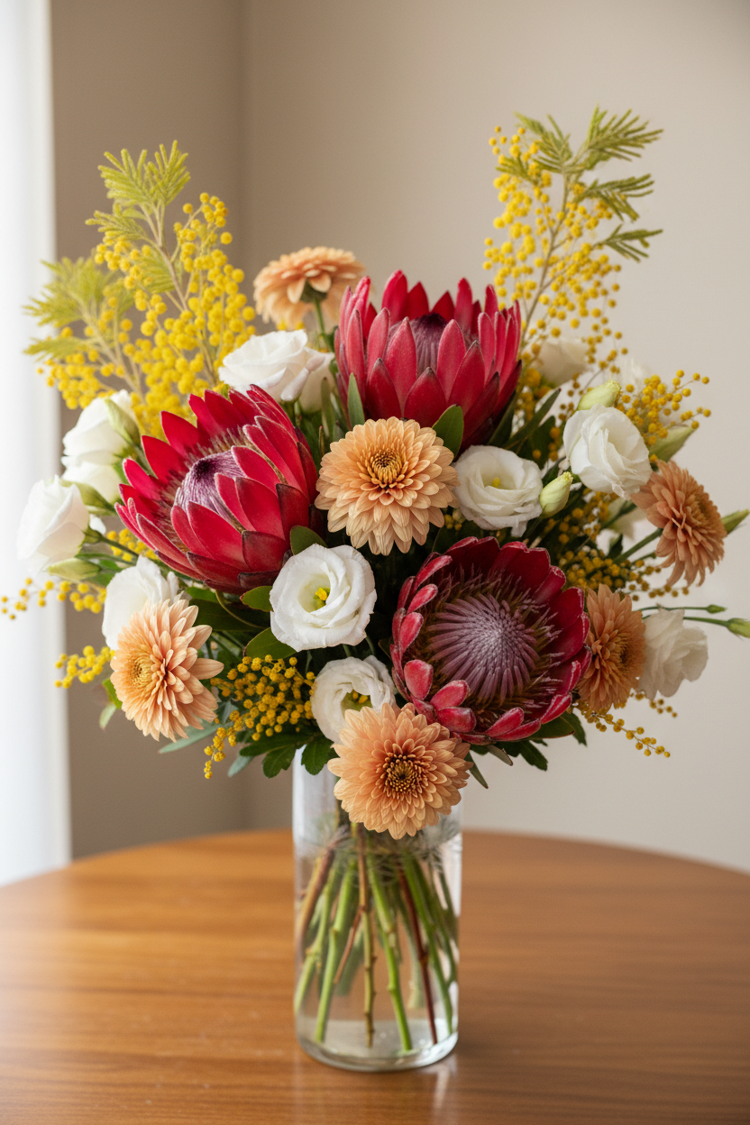 Realistic vased floral arrangement with blood red protea, peach chrysanthemums, white lisianthus and mimosa baileyana