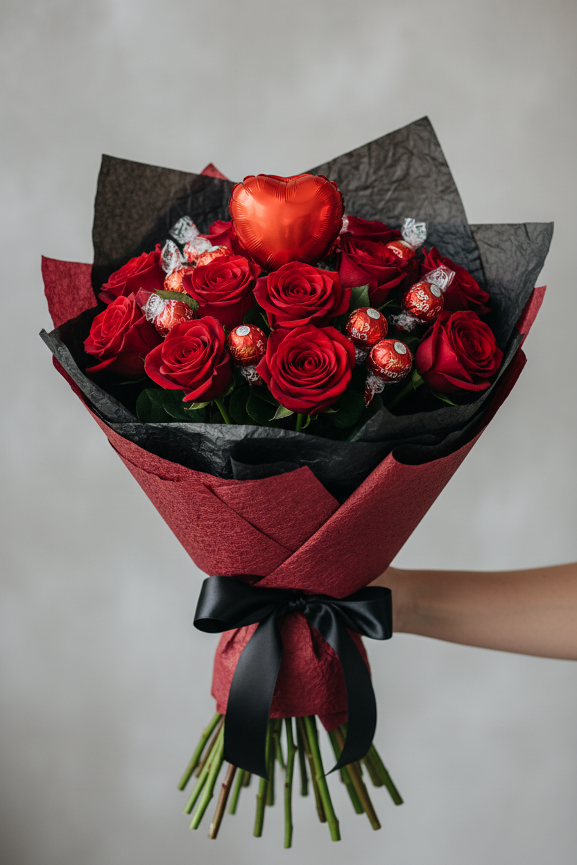 Red rose bouquet with red Lindt chocolates and red heart balloon in red and black wrapping