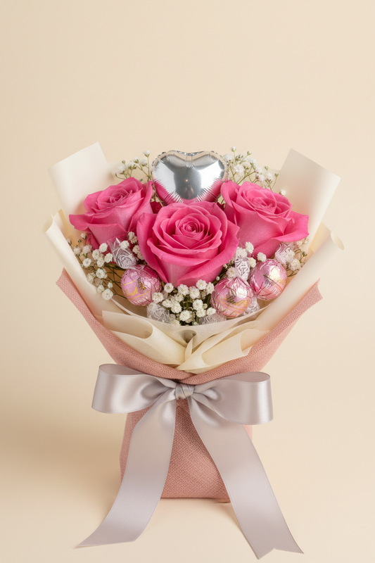 Small 3 large-headed pink rose bouquet with gypsophila, pink Lindt chocolates and silver heart balloon