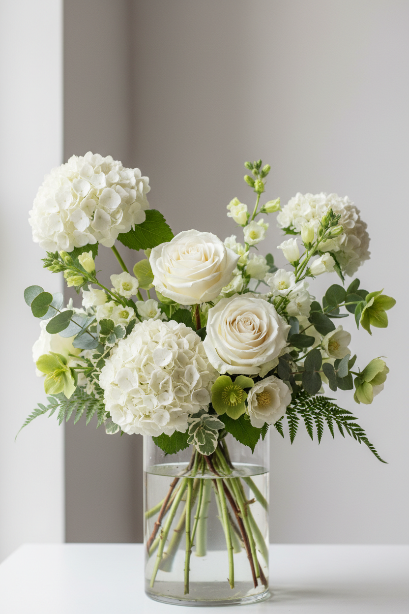 Sophisticated green and cream arrangement with viburnum and Avalanche roses in clear vase
