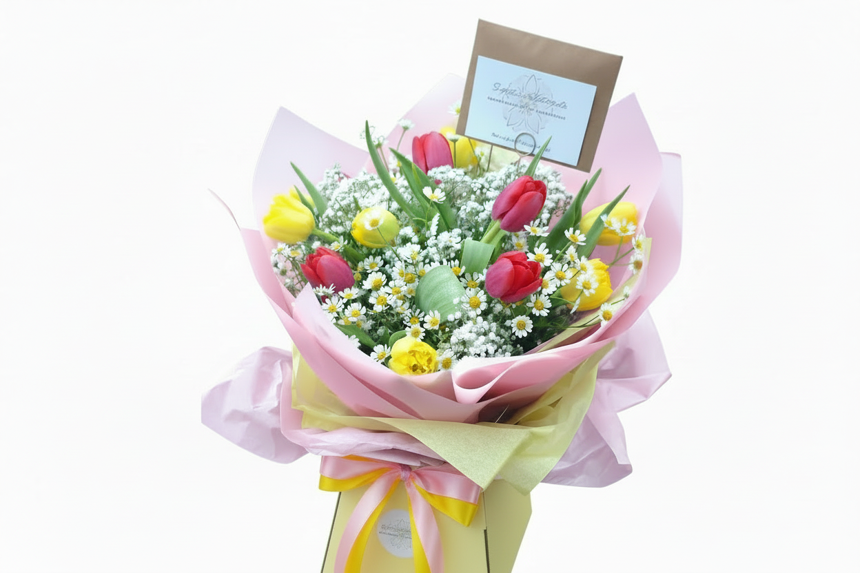 Spring bouquet with fuchsia and yellow tulips, pink wrap, yellow and pink ribbon only