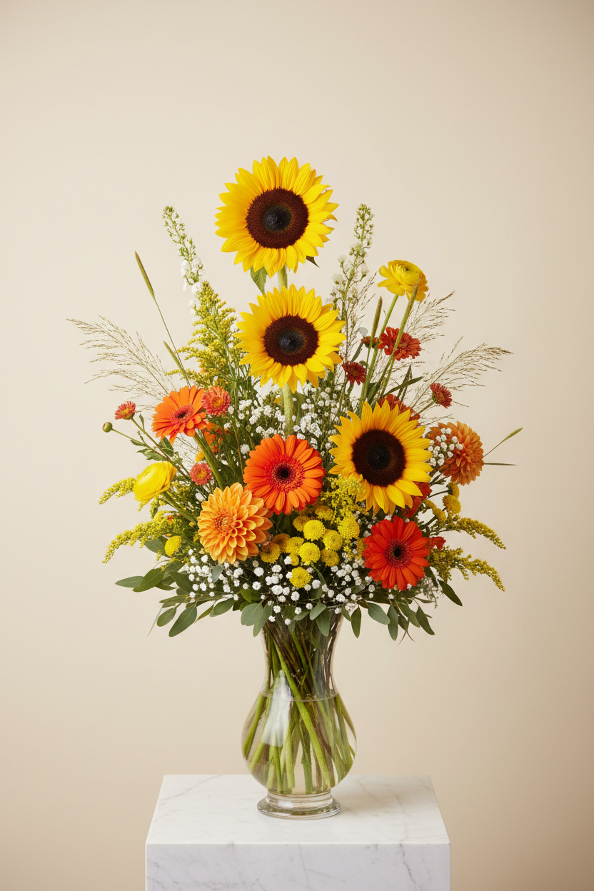 Tall airy sunflower arrangement with yellow and orange accents