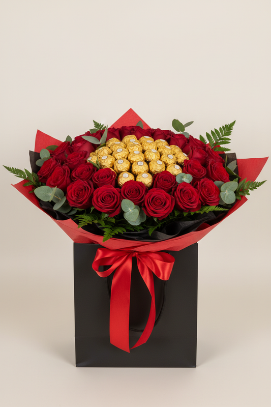 Valentine's bouquet with Ferrero Rocher center in plain black bag with red ribbon