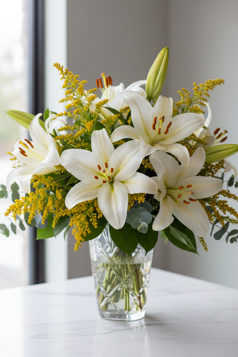Vased floral arrangement with lilies and solidago