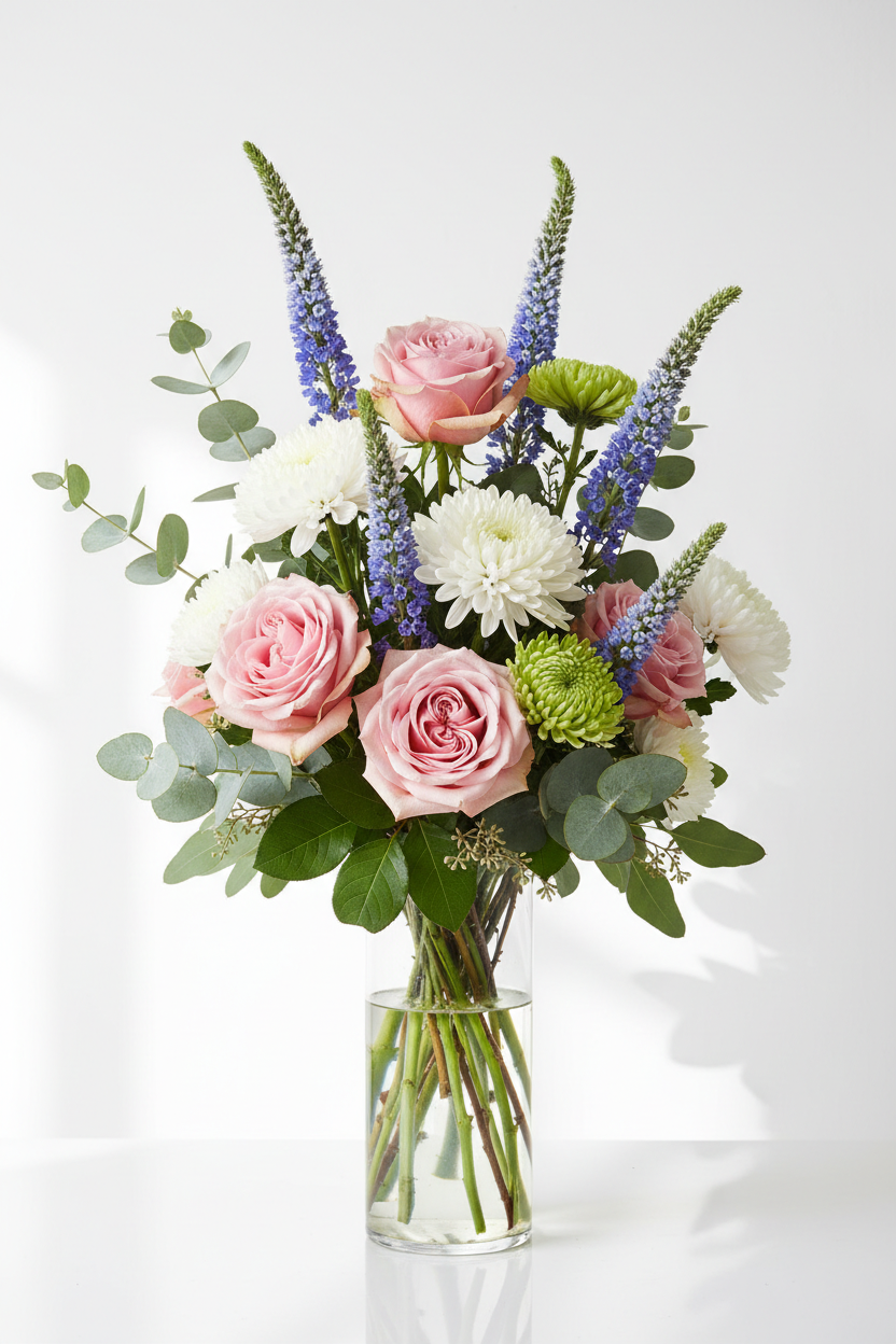 Vased floral arrangement with realistic veronicas
