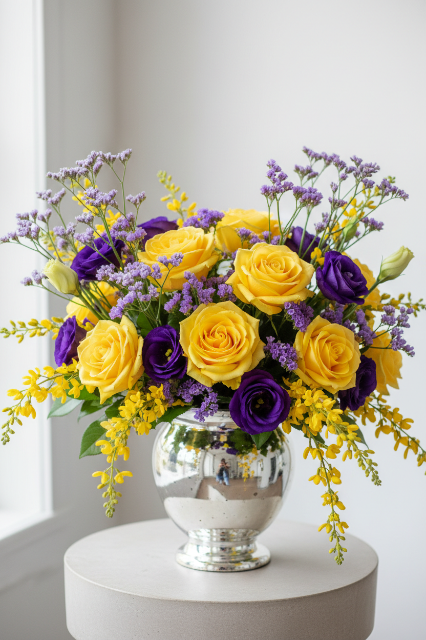 Vased floral arrangement with yellow roses, purple limonium spray, purple lisianthus and yellow genista
